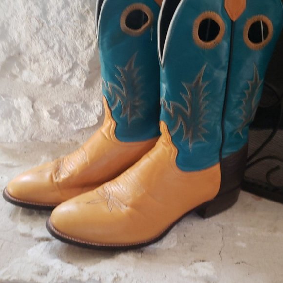 Tony Lama Womens Vintage 8.5 M Turquoise and Goldenrod with Black Accent Boots - Picture 2 of 6